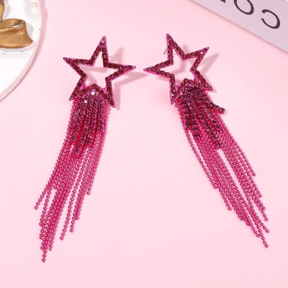 Women’s Tassel Earrings Star Ear Stud Pave Crystal Dangle Earrings Boho Waterfal - Picture 2 of 6